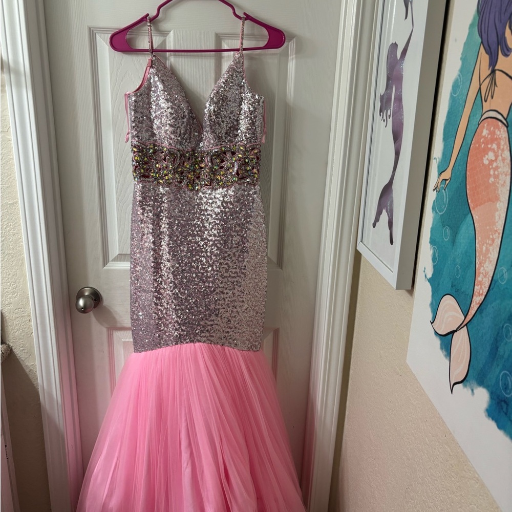 Mac Duggal Silver and Pink Sequin Dress